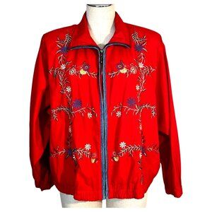 Koret City Blues Embroidered Floral Red Jacket Zipper Closure Size L Coat VTG